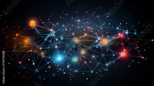 Abstract network connections with nodes and colorful lights on a dark background, representing concepts like technology, connectivity, and internet.