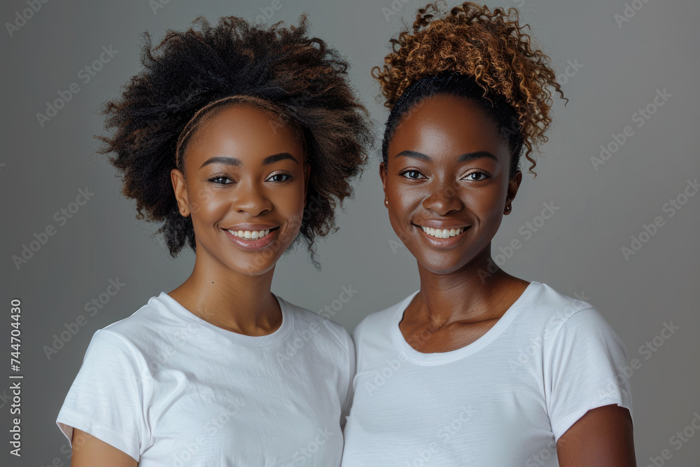 Afro women wearing white t-shirt smile having a good time together - obrazy, fototapety, plakaty 