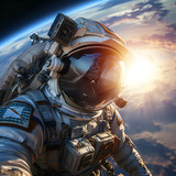 An astronaut tethered to their spaceship, gazing out at the vastness of space with beautiful bokeh and orange light background