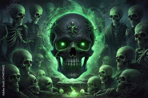 Human skull in the dark, Spooky Skull with Glowing Green Eyes: Lord of the Skeletons, Halloween Wallpaper | AI-GENERATED 