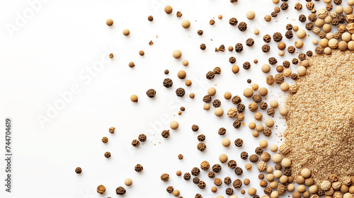 Set milled white pepper powder pile, frame peppercorn spice isolated on white background, top view