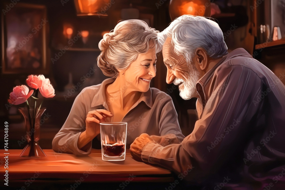 Elderly Couple Enjoying Conversation and Drinks at a Table