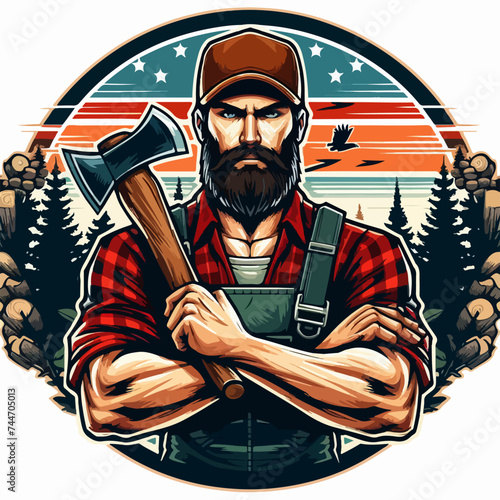 Lumberjack Rural man holds axe in hands LOGO