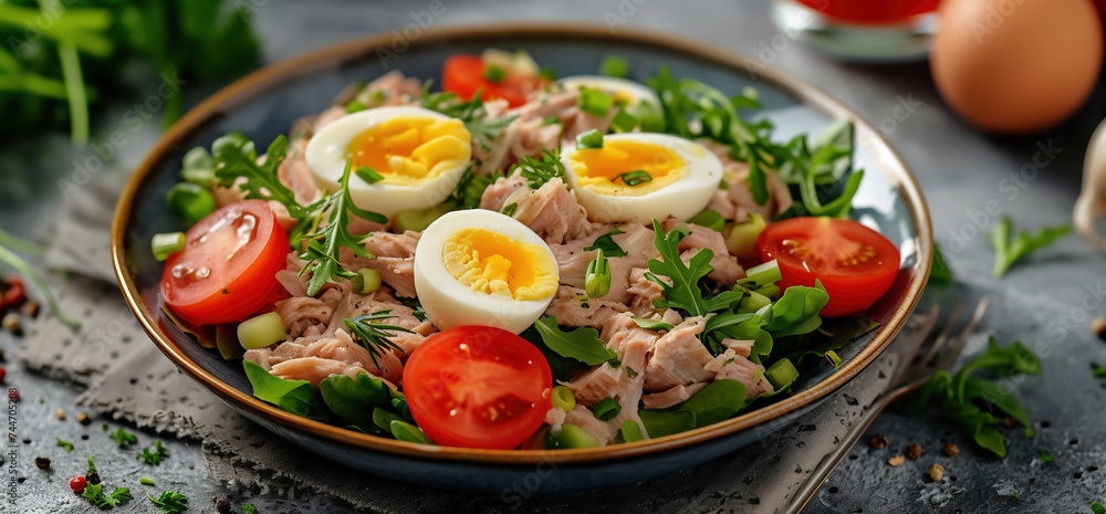 Tuna salad with cherry tomatoes, eggs and parsley in a wooden bowl Tuna salad with cherry tomatoes, eggs and parsley in a wooden bowl