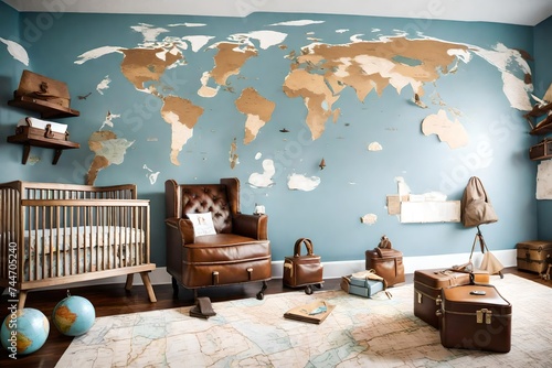 A travel-inspired baby nursery with world map wall decals, vintage suitcases, and globe decor. An adventurous space for a little explorer
