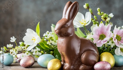 elegant easter chocolate bunny centerpiece with spring flowers and pastel eggs