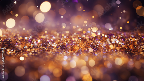 Abstract glittering background with bokeh lights in purple and gold tones.