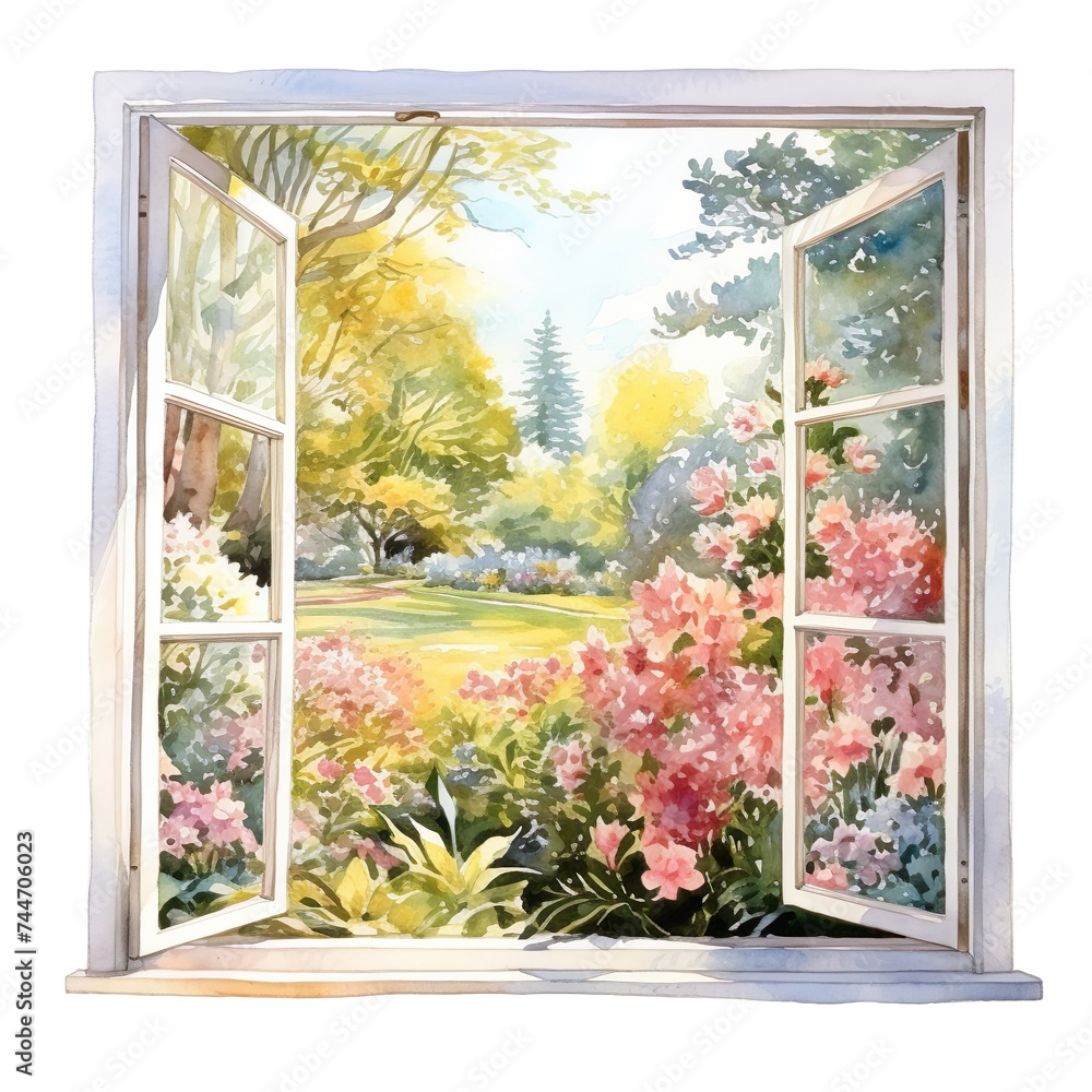Window with blooming flowers view. Open window to the spring garden. watercolor illustration Generative AI.