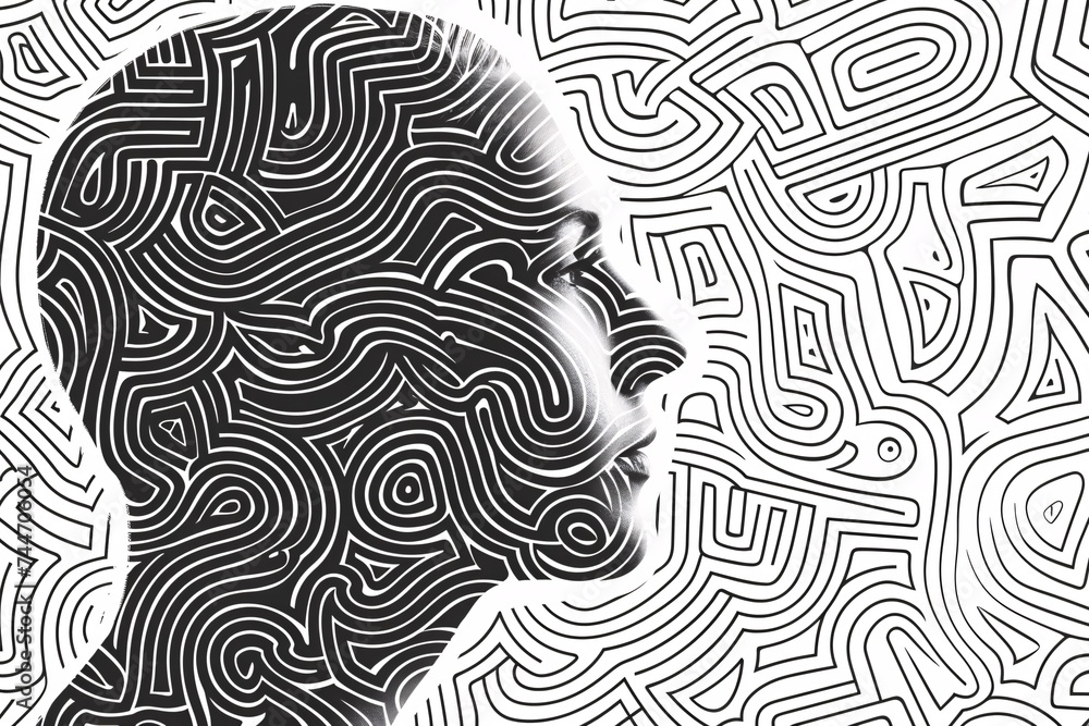Abstract depiction of human head silhouette and circular labyrinth. Abstract depiction of human head silhouette and circular labyrinth.