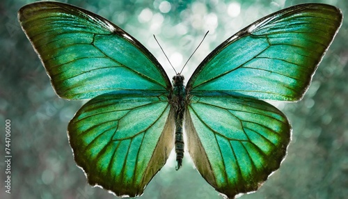 una imagen de una mariposa con alas verdes al estilo esmeralda y azul esquemas de colores