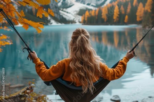 A serene autumn day spent by the lake, a woman lounges in a hammock amidst the trees, clad in comfortable outdoor clothing, fishing rod in hand, enjoying the peaceful nature and recreational fishing 