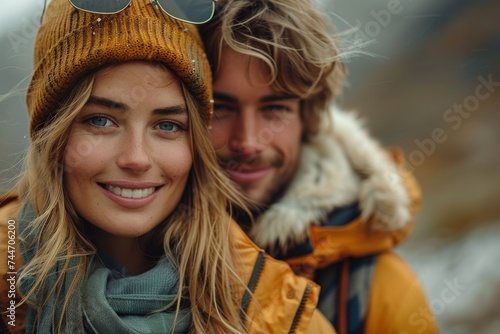 A happy couple poses for a photo, showcasing their stylish winter fashion with warm jackets, scarves, and fur headgear, radiating joy and love through their beaming smiles