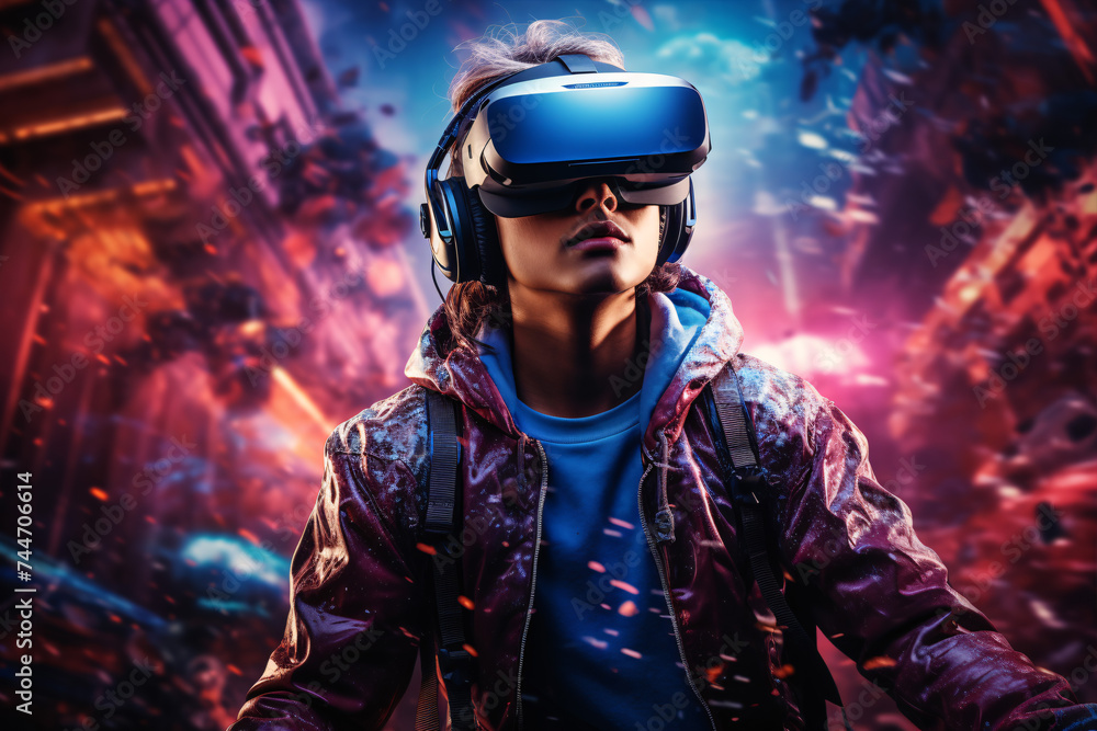 Metaverse gaming experience: Man with VR goggle enjoying AR augmented reality game. NFT entertainment. Metaverse gaming experience: Man with VR goggle enjoying AR augmented reality game. NFT entertainment.