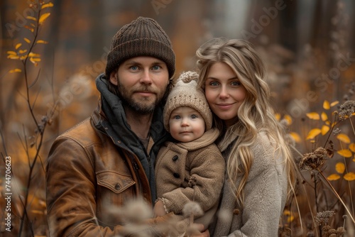 A young couple embraces their newborn baby, bundled up in warm jackets, as they smile happily in the autumn forest