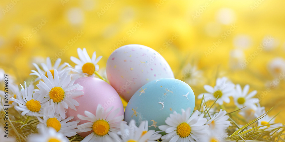 Decorated Easter eggs nestled among white daisies, with a vibrant yellow floral backdrop. A celebration of Easter and spring in a soft-focus setting. Decorated Easter eggs nestled among white daisies, with a vibrant yellow floral backdrop. A celebration of Easter and spring in a soft-focus setting.