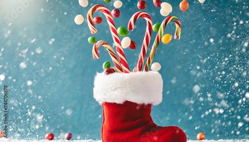 christmas candies flying and fall into santa s boot on a blue background christmas sweet food concept photo