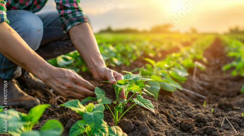 farmer checking planted crops. Freshly planted crops on fertile soil in the sunlight