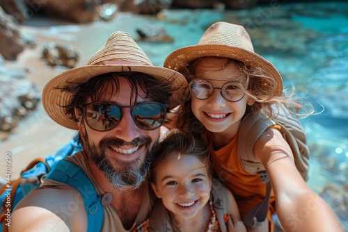 A family's joyous summer adventure captured in a playful selfie by the beach, showcasing their fashionable sun hats and sunglasses