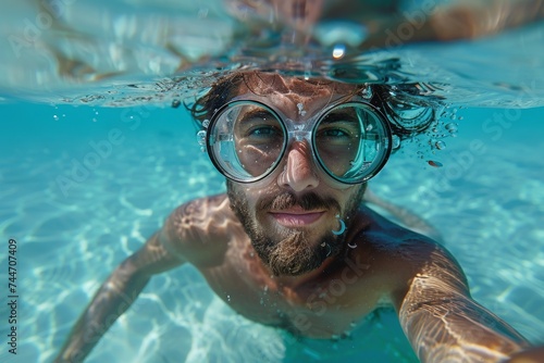 An adventurous swimmer gracefully explores the depths of a crystal clear swimming pool, equipped with goggles and diving gear, his determined human face glimmering with excitement and wonder