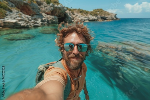 A man captures a moment of blissful freedom as he snaps a selfie in the crystal clear water, with the vibrant sky and soft clouds serving as the perfect backdrop for his carefree vacation © familymedia