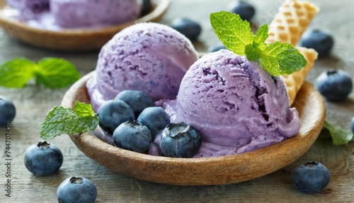 homemade organic fruit blue berry ice cream with mint
