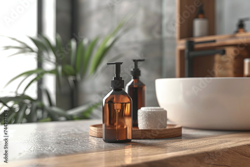 Amber Soap Dispensers on a Wooden Bathroom Counter