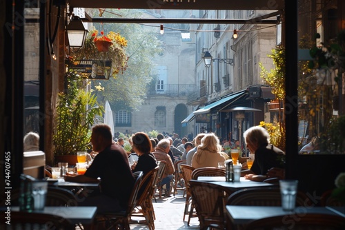 Individuals savoring beverages at a bistro during a scorching summer afternoon in France. photo