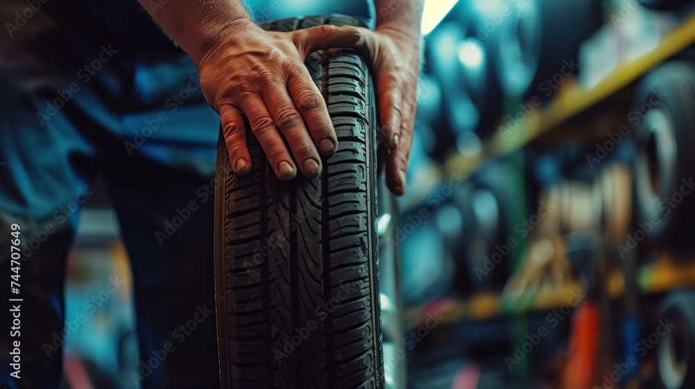 A close-up shot of a mechanic's hands mounting a tire on a wheel - obrazy, fototapety, plakaty 