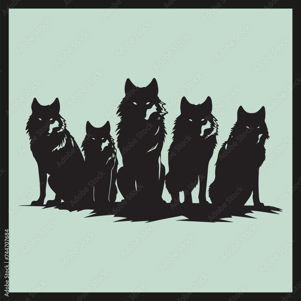 Wolf Pack black Silhouette vector, dog set, black dog set
