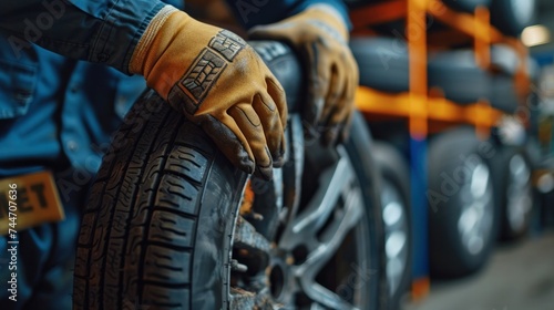 A close-up shot of a mechanic's hands mounting a tire on a wheel