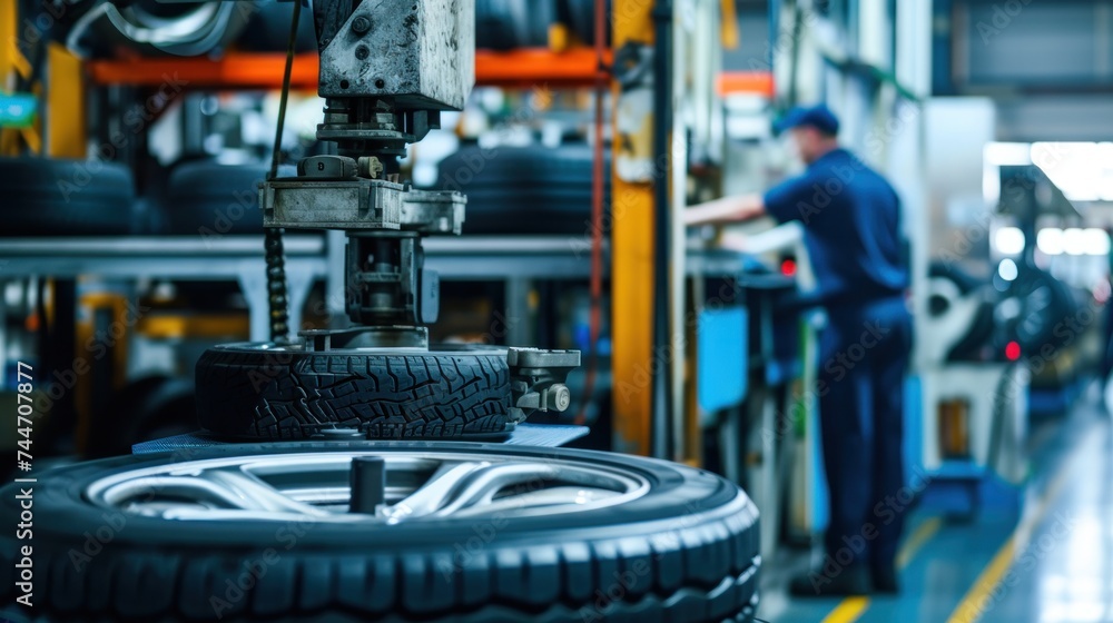 Fototapeta premium A worker using a tire balancing machine in a modern tire shop, the scene depicting the technology and skill involved in ensuring vehicle safety