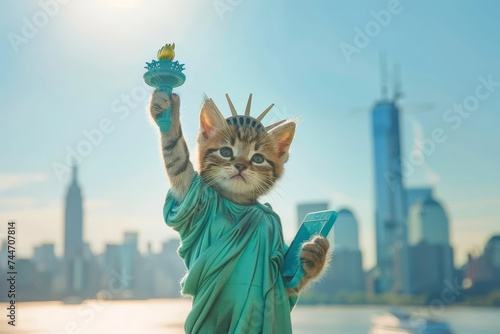 A cute cat dressed as the Statue of Liberty with the New York City skyline in the background, symbolizing humor, creativity, and playful imagination. 
