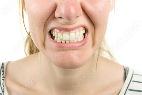 A young woman is angry or in pain  gritting her teeth. Close-up