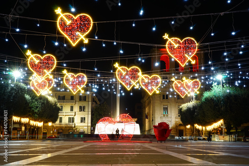 Piazza Tacito decorated for Saint Valentine day in Terni, Umbria, Italy