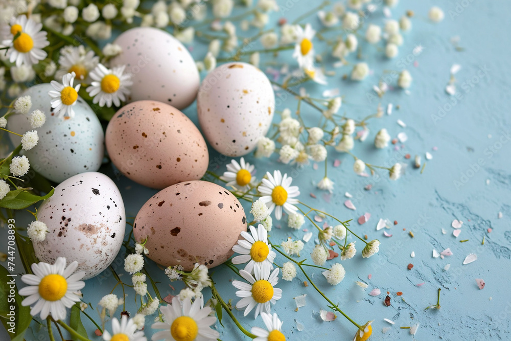  Speckled eggs amidst a scattering of daisies and flowers on a blue surface, hinting at Easter's renewal and the bloom of spring.