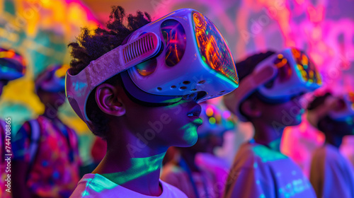 a boy wearing a vr helmet with bright colors in the background, in the style of dark, foreboding colors, colorized, afrofuturism-inspired.