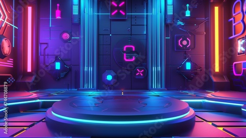 Futuristic Neon Podium with Holographic Projection in a Vibrant Cyberpunk Setting. Copyspace for Product Mockup
