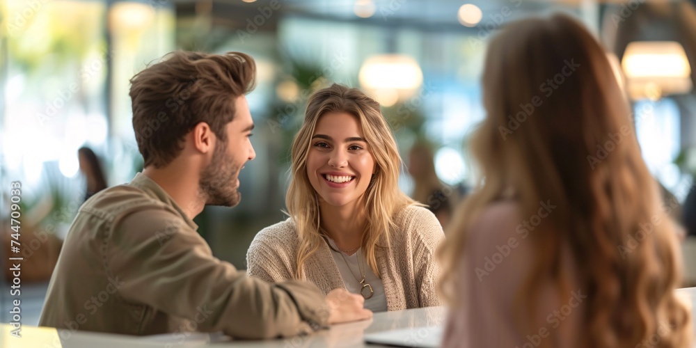 Two happy visitors conversing with a hotel attendant while registering jointly at the front desk. Two happy visitors conversing with a hotel attendant while registering jointly at the front desk.