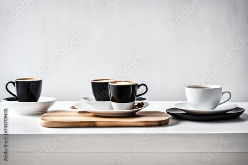 cup of coffee and cookies, Indulge in the simple pleasure of coffee with a captivating scene of two cups, one black and one latte, placed delicately on a pristine white table