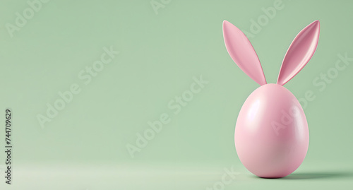 3D pink egg with Easter bunny ears on a green background