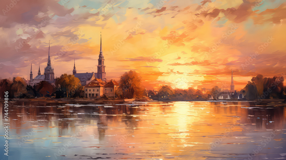 oil painting on canvas, Scenic summer evening view of the Old Town pier architecture in Lubeck, Germany. oil painting on canvas, Scenic summer evening view of the Old Town pier architecture in Lubeck, Germany.