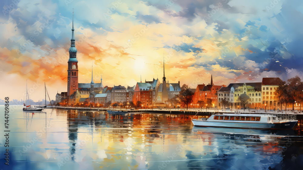 Fototapeta premium oil painting on canvas, Hamburg City at sunset. Germany.