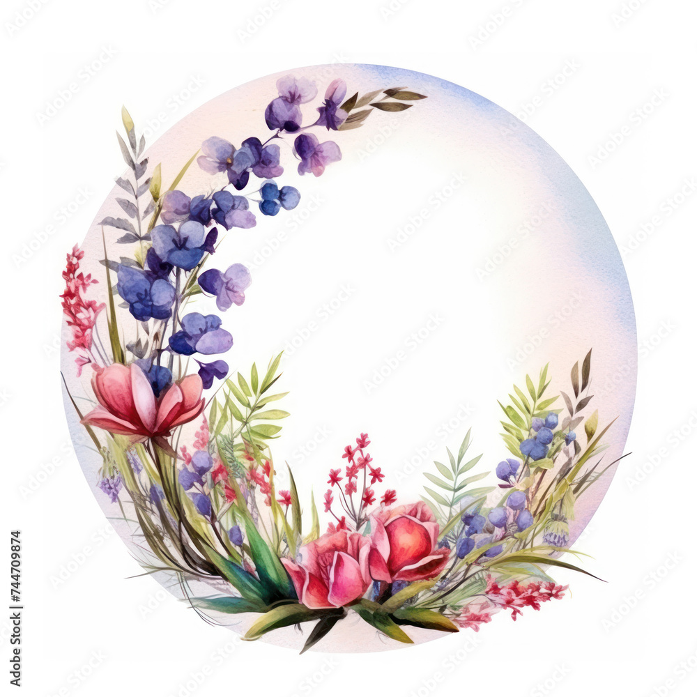 Round pastel watercolor ball with beautiful flowers on it. Drawing flowers as circle. Copy space.