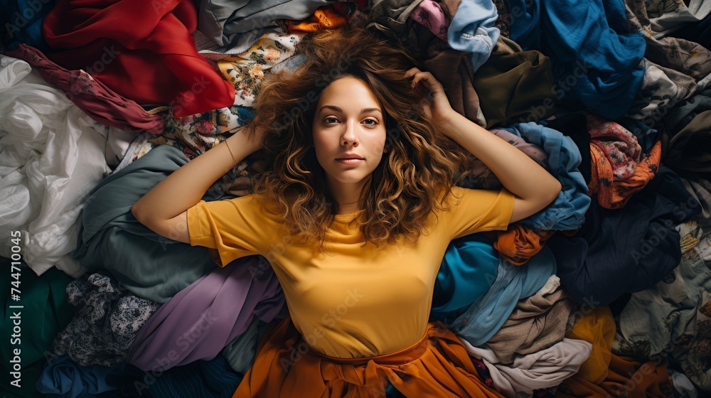 Young woman lies on a large pile of colorful clothes. Clothing recycling and extending the lifespan concept. Selling used clothes concept. Generative ai