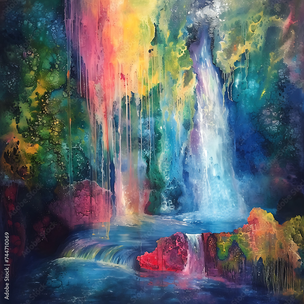 Abstract art painting where colors transform into cascading waterfalls and flowing rivers.