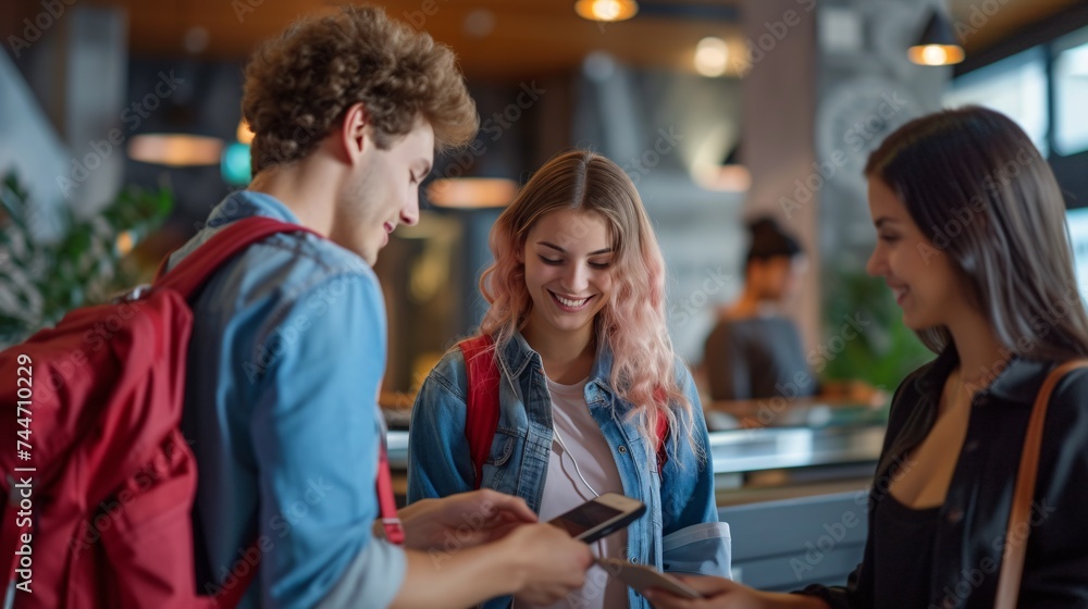 Youthful duo settling payment for accommodation at front desk. Youthful duo settling payment for accommodation at front desk.