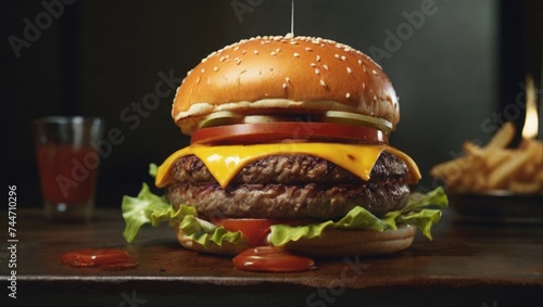 Close-up of a delicious burger with meat, vegetables and cheese