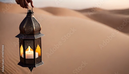 Arabic lantern on the background of the desert.  Ramadan lantern photo