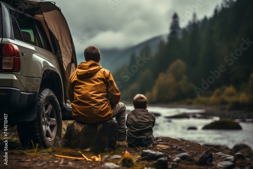 Dad and son sitting on the riverbank, vacation with children, Summer adventure, trip with kids, Family travel and vacation concept. Fatherhood, Father's Day. Generative ai