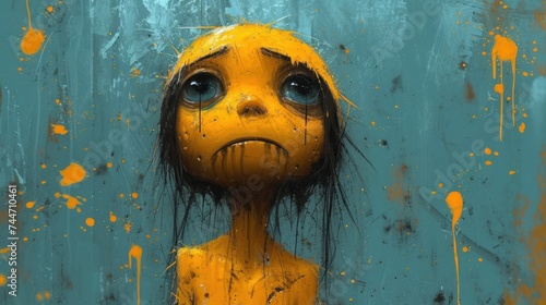 Sad Little Doll, Yellow-faced Doll with Sad Eyes, Angry Child Artwork, Doll's Emotional Expression. photo